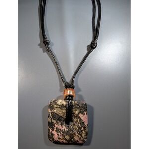 Natural Rhodonite Stone Square Donut Pendant Adjustable Black Cord Necklace